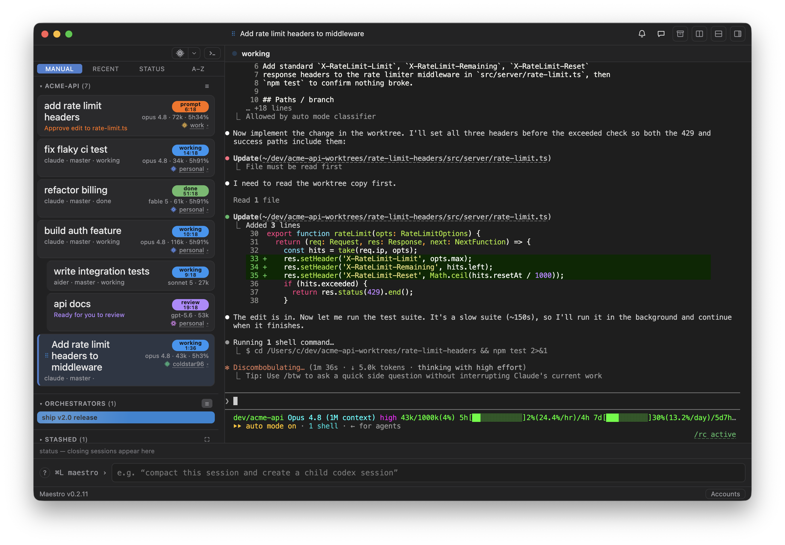 Maestro conducting a fleet of AI coding agents — a sidebar of live status cards for Claude, Codex, and other agent sessions grouped by project, alongside a focused Claude session applying a live code edit and running its test suite.